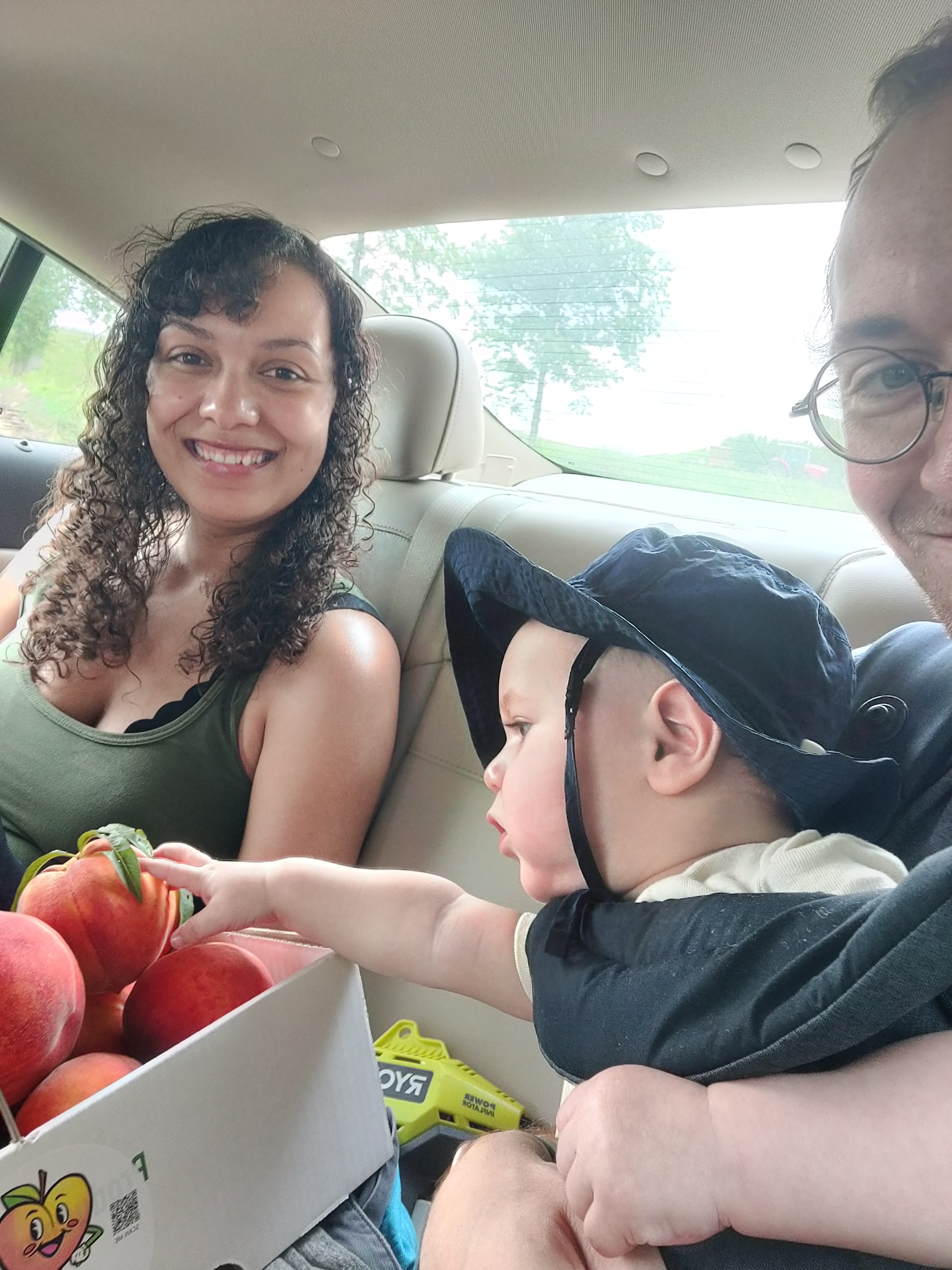 Calvin trying to steal a peach while in the car.
